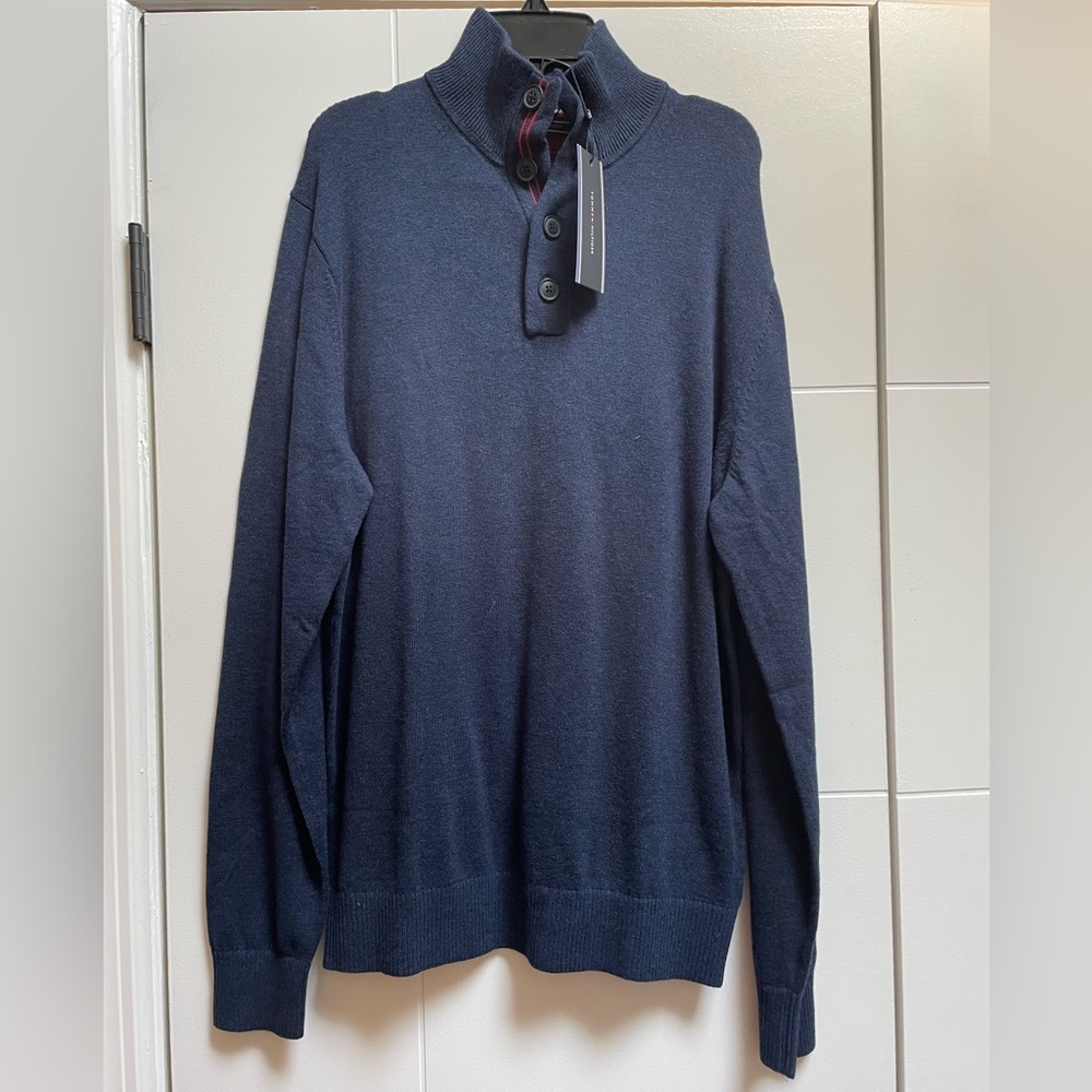Tommy Hilfiger Men’s Navy Quarter Button Pullover Sweater Cotton Cashmere NEW